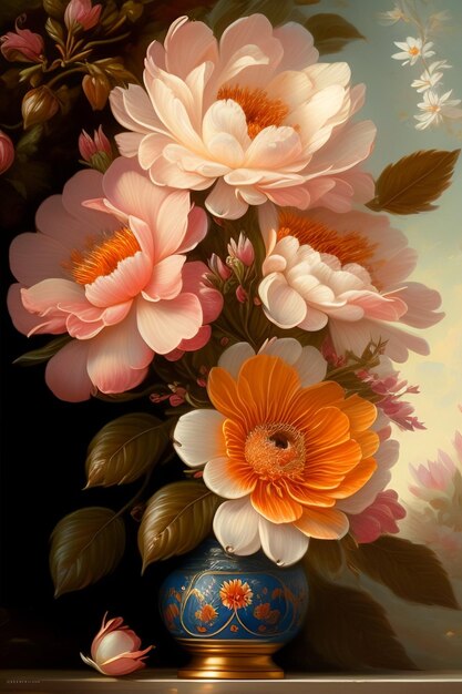 A painting of flowers in a vase with a bird on the top.