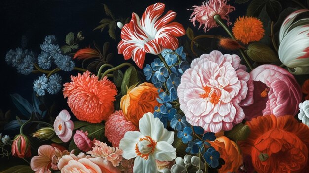 A painting of flowers in a vase with a blue background.