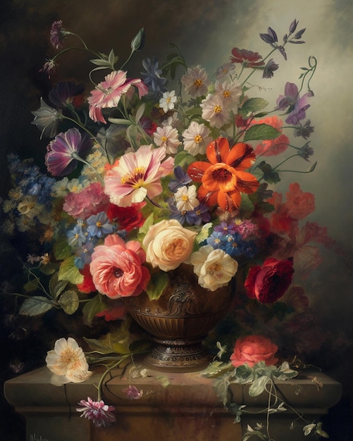 A painting of flowers in a vase with a butterfly on the bottom.