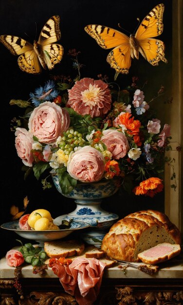 a painting of flowers and a vase with a cake on it