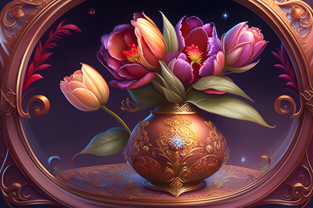 A painting of flowers in a vase with a gold lid.