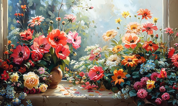 a painting of flowers and a vase with a vase of flowers on a table