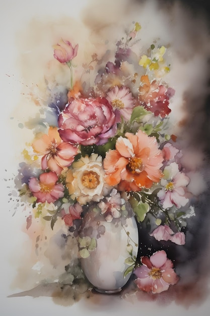 A painting of flowers in a vase with a watercolor background.