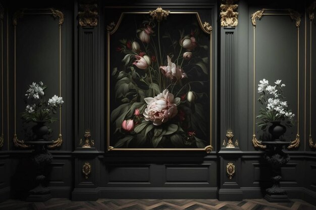 黒い背景の壁に描かれた花の絵。