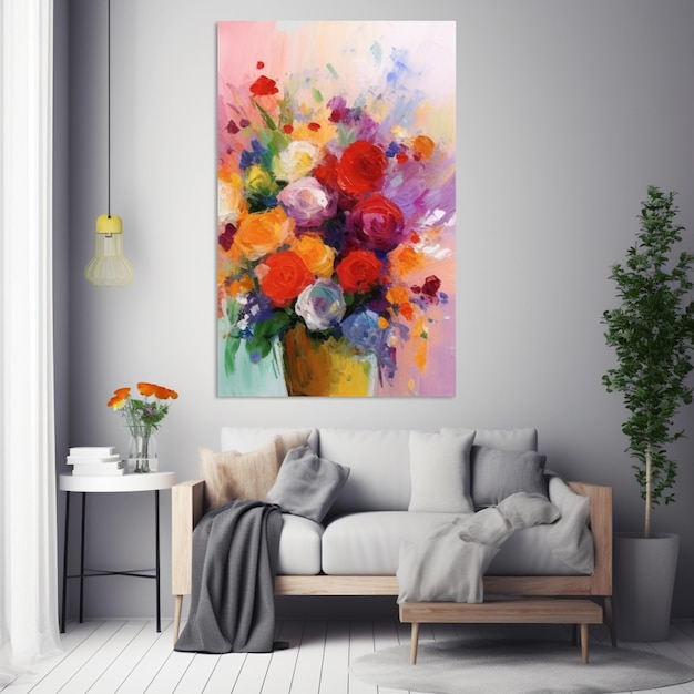 Premium AI Image | A painting of flowers on a wall with a couch in the ...