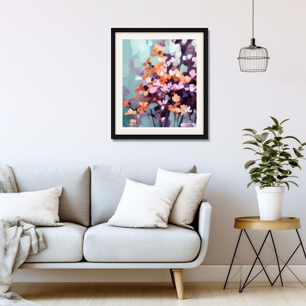 a painting of flowers on a wall with a picture of a plant and a lamp