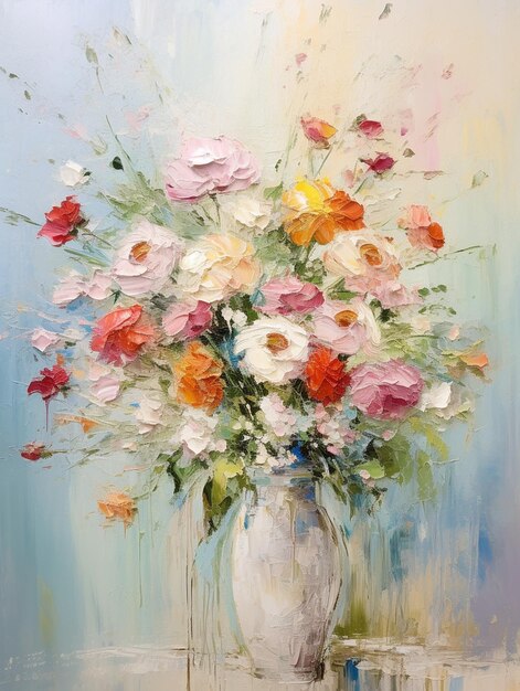 a painting of flowers in a white vase