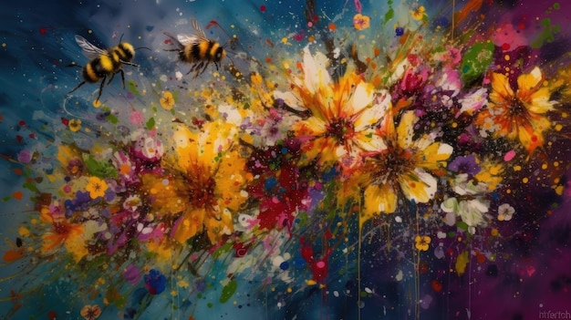 A painting of flowers with bees on them