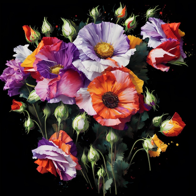 A painting of flowers with a black background and a red and yellow flower.