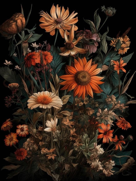 A painting of flowers with a black background