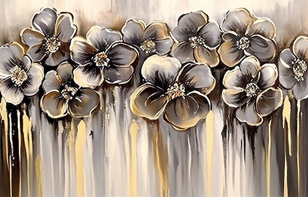 A painting of flowers with a black and white background.