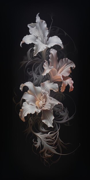 Photo a painting of flowers with black and white petals