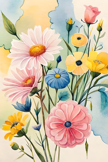 A painting of flowers with a blue background and yellow flowers.