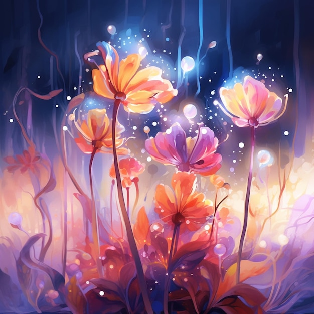 A painting of flowers with a blue background and a yellow and orange flower in the middle.