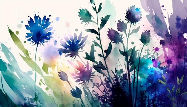 A painting of flowers with a blue background