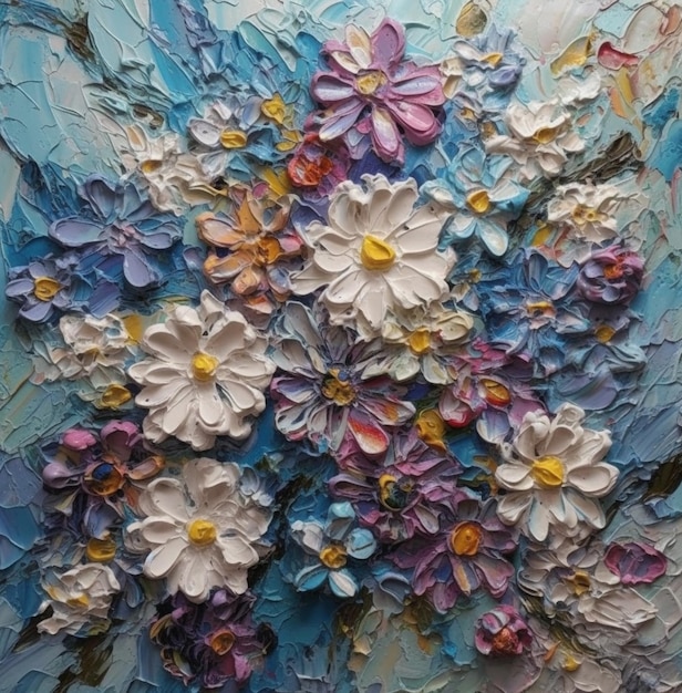 A painting of flowers with a blue background.