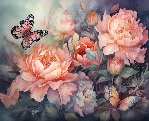 A painting of flowers with a butterfly on it