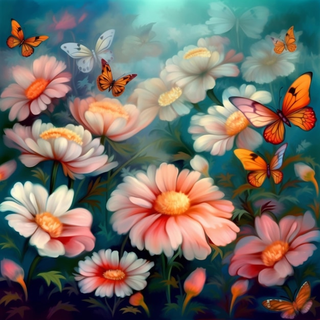 A painting of flowers with a butterfly on it