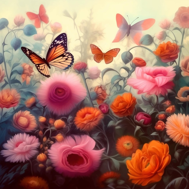 A painting of flowers with a butterfly on it