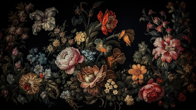 A painting of flowers with a butterfly on the left side.