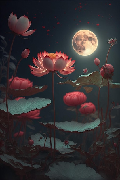 Painting of flowers with a full moon in the background generative ai