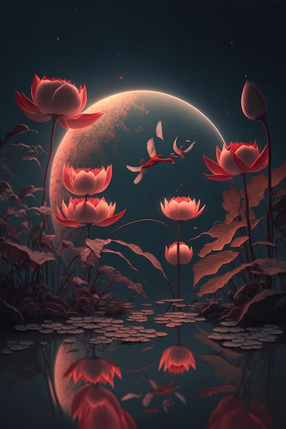 Painting of flowers with a full moon in the background generative ai