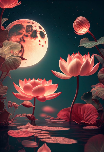 Painting of flowers with a full moon in the background generative ai