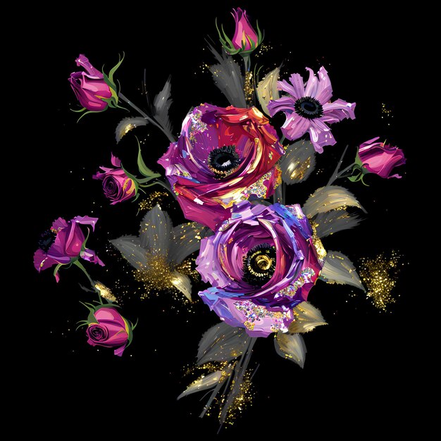 A painting of flowers with gold paint and a pink and purple roses.