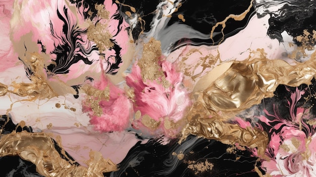 A painting of flowers with gold and pink flowers