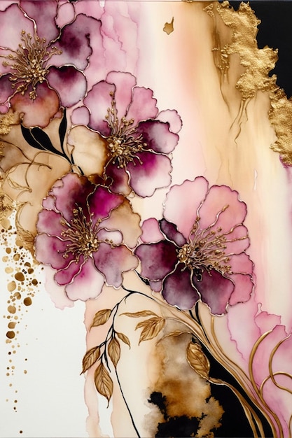 A painting of flowers with gold and pink leaves
