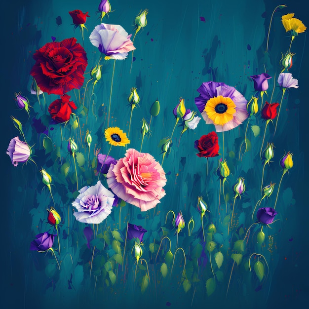 A painting of flowers with a green background and purple flowers.