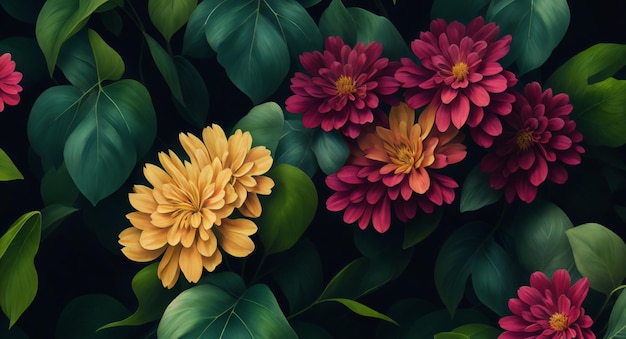 A painting of flowers with leaves on the bottom