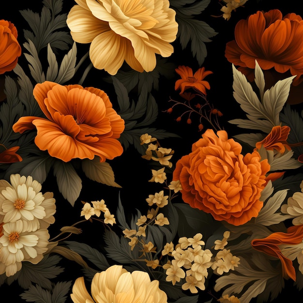 A painting of flowers with leaves and flowers.