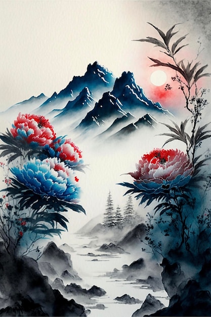 Painting of flowers with mountains in the background generative ai