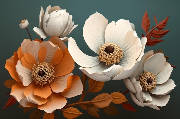 A painting of flowers with orange leaves and a white flower.