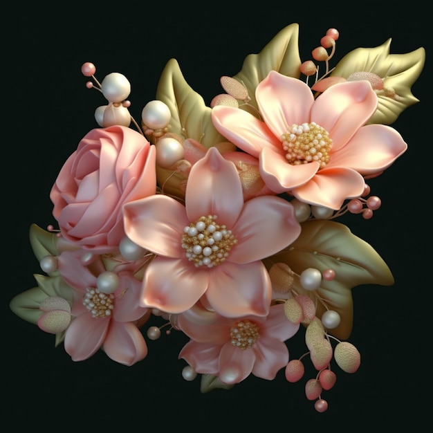 A painting of flowers with pink and gold leaves and pearls.