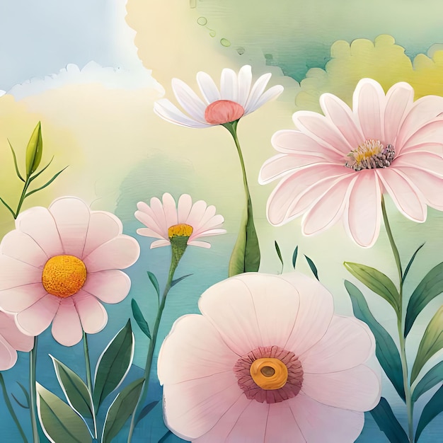 A painting of flowers with a pink and white center