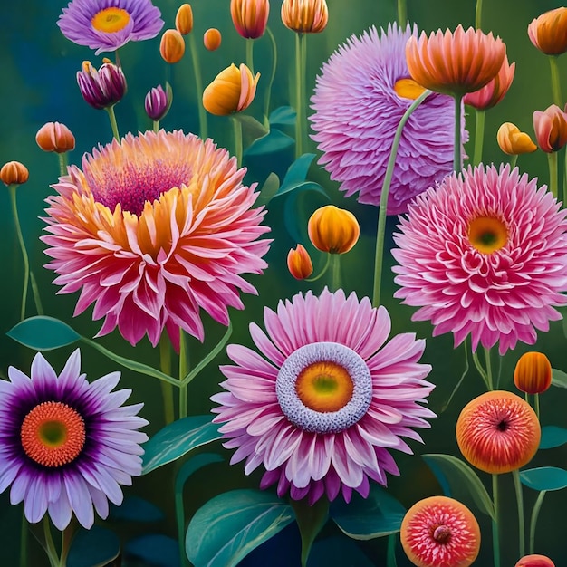 A painting of flowers with a purple flower on the left