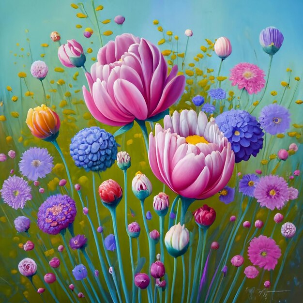 A painting of flowers with a purple flower on the left