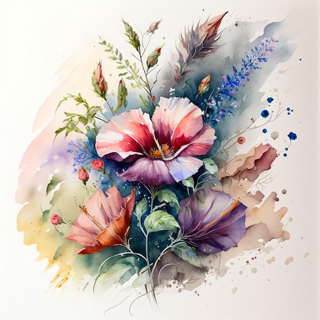 A painting of flowers with a red and blue background.