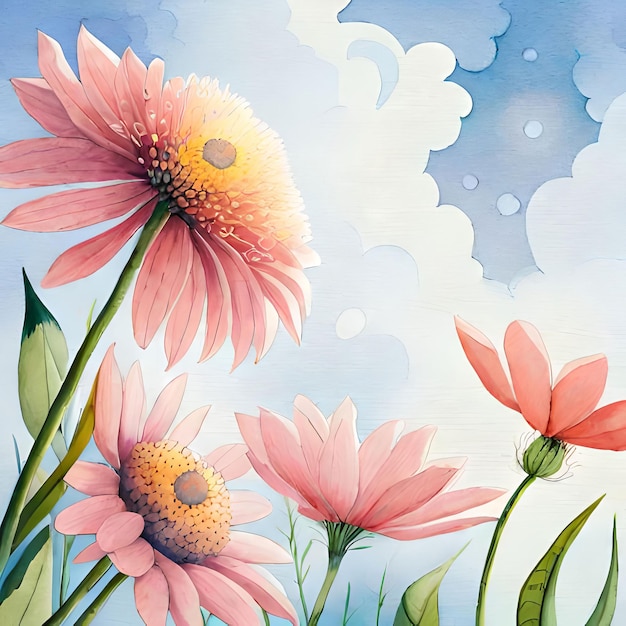 A painting of flowers with the sky in the background