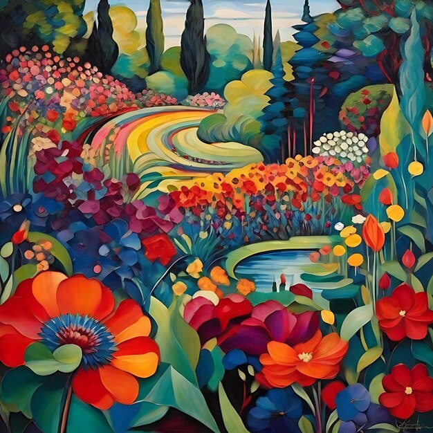 Painting of flowers with a stream and blue sky and hill