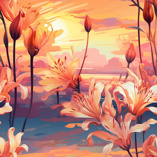 a painting of flowers with the sun setting behind them