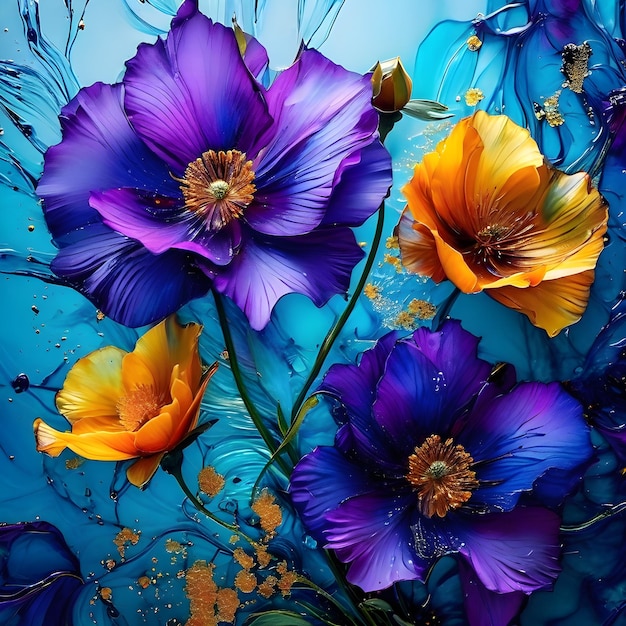 a painting of flowers with water drops and the word spring