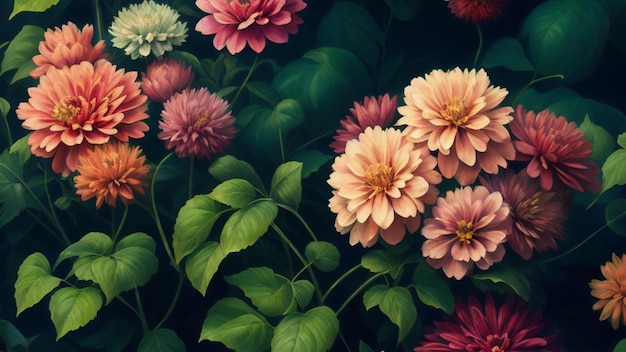 A painting of flowers with the word dahlia on the bottom