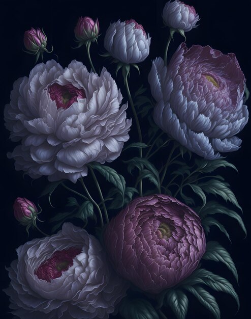 A painting of flowers with the word peonies on it