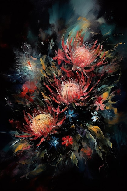 A painting of flowers with the words king protea on it