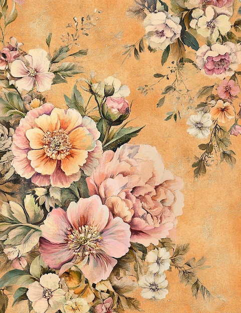 a painting of flowers on a yellow background with a green leaves
