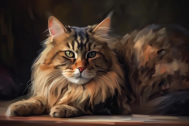 A painting of a fluffy cat laying on a table.