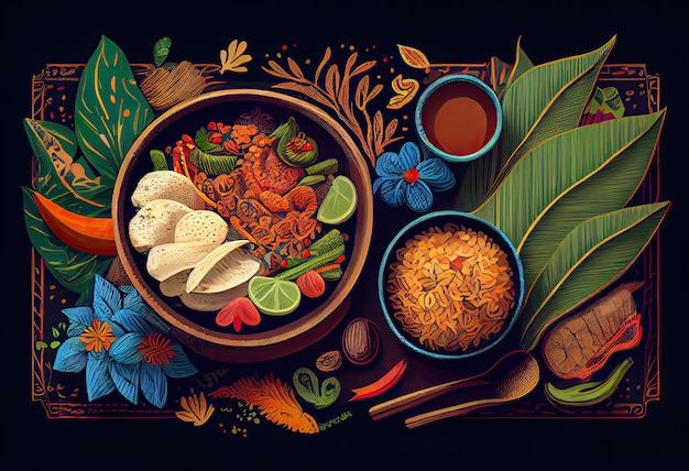 Photo a painting of food with a bowl of food on it